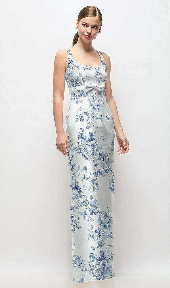 Front View - Cottage Rose Larkspur Scoop Neck Floral Satin Column Maxi Dress with Bow at Empire Waist