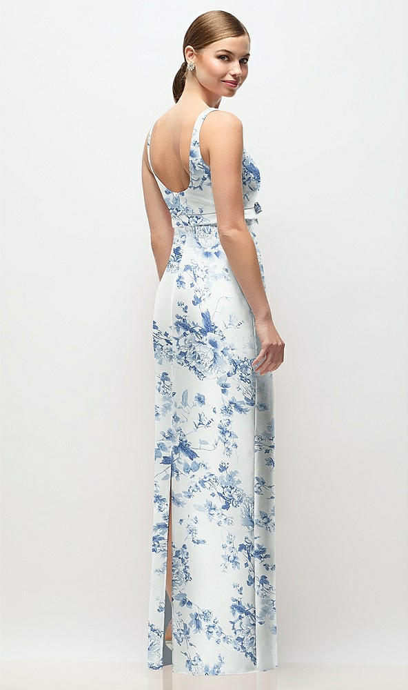 Back View - Cottage Rose Larkspur Scoop Neck Floral Satin Column Maxi Dress with Bow at Empire Waist