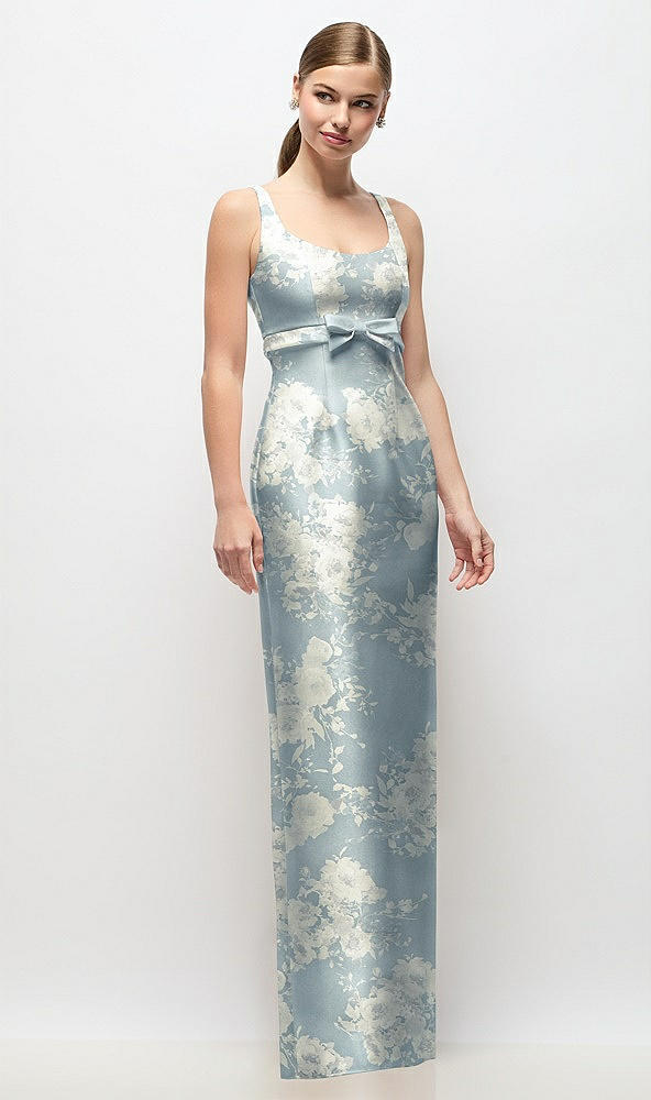 Front View - Porcelain Blue Seraphina Floral Scoop Neck Floral Satin Column Maxi Dress with Bow at Empire Waist