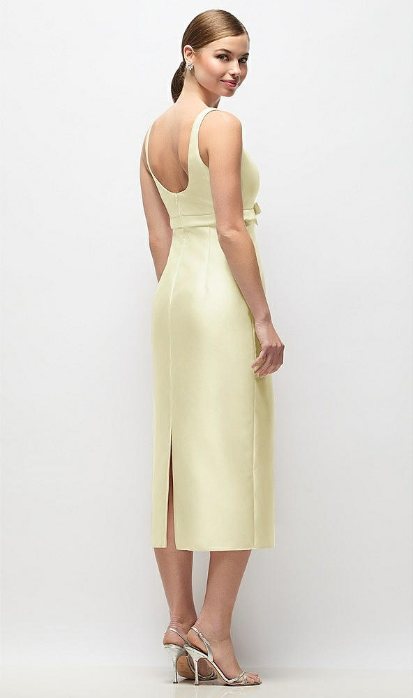Back View - Butter Yellow Scoop Neck Satin Column Midi Dress with Bow at Empire Waist