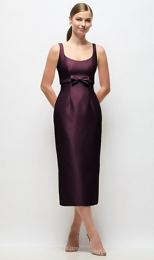 Front View - Deep Plum Scoop Neck Satin Column Midi Dress with Bow at Empire Waist