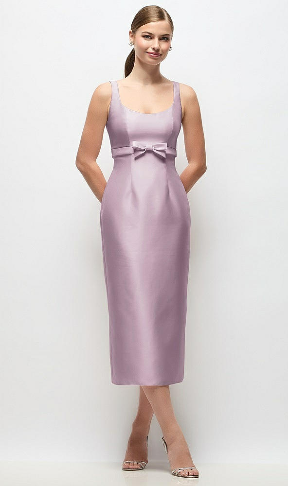 Front View - Suede Rose Scoop Neck Satin Column Midi Dress with Bow at Empire Waist