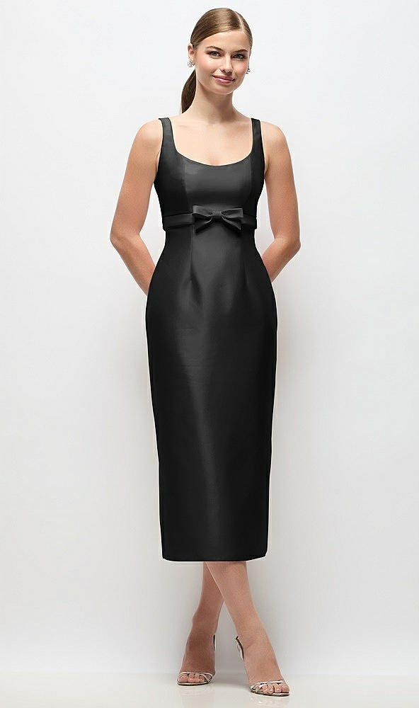 Front View - Black Scoop Neck Satin Column Midi Dress with Bow at Empire Waist