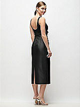 Rear View Thumbnail - Black Scoop Neck Satin Column Midi Dress with Bow at Empire Waist