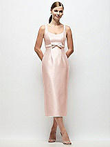 Front View Thumbnail - Blush Scoop Neck Satin Column Midi Dress with Bow at Empire Waist