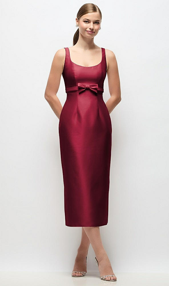 Front View - Burgundy Scoop Neck Satin Column Midi Dress with Bow at Empire Waist