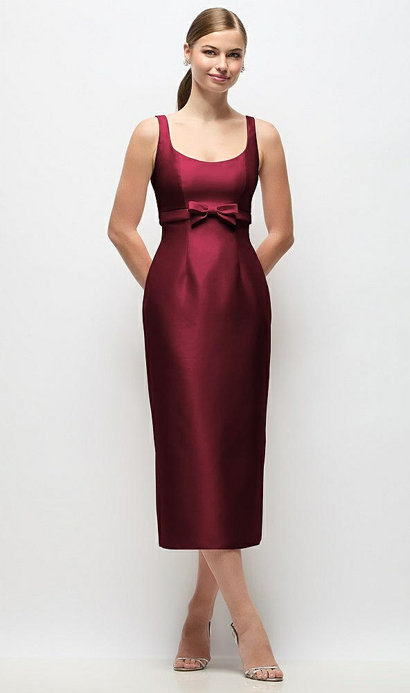 Front View - Cabernet Scoop Neck Satin Column Midi Dress with Bow at Empire Waist