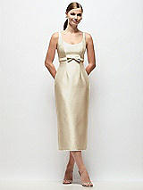 Front View Thumbnail - Champagne Scoop Neck Satin Column Midi Dress with Bow at Empire Waist