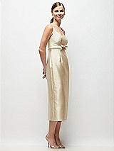 Side View Thumbnail - Champagne Scoop Neck Satin Column Midi Dress with Bow at Empire Waist