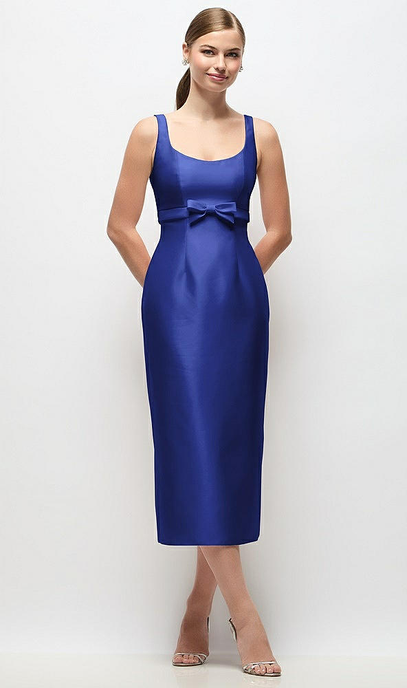 Front View - Cobalt Blue Scoop Neck Satin Column Midi Dress with Bow at Empire Waist