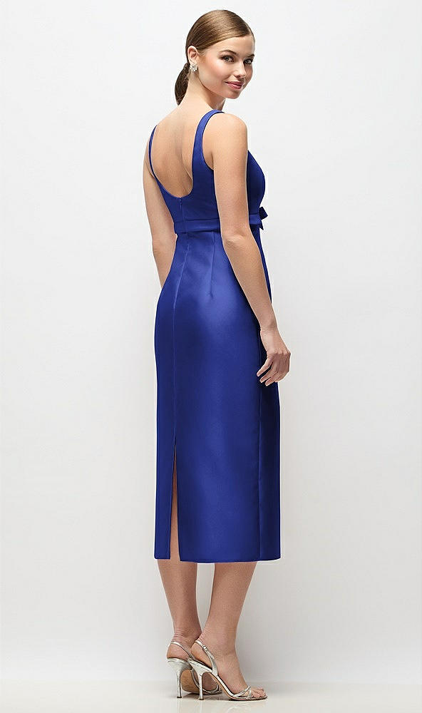 Back View - Cobalt Blue Scoop Neck Satin Column Midi Dress with Bow at Empire Waist