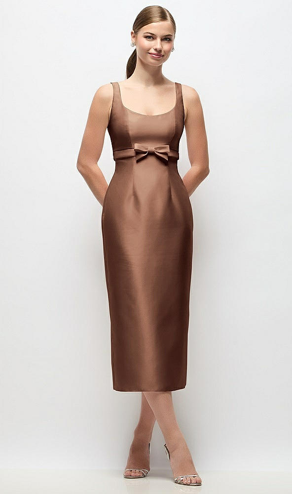 Front View - Cognac Scoop Neck Satin Column Midi Dress with Bow at Empire Waist
