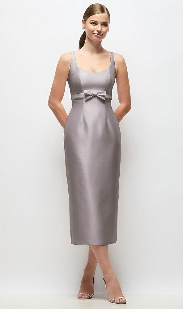 Front View - Cashmere Gray Scoop Neck Satin Column Midi Dress with Bow at Empire Waist