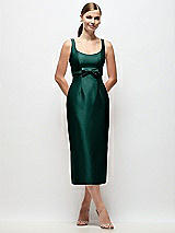 Front View Thumbnail - Evergreen Scoop Neck Satin Column Midi Dress with Bow at Empire Waist
