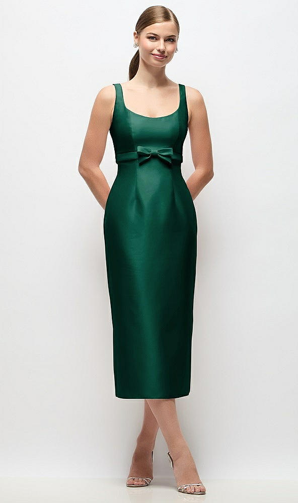 Front View - Hunter Green Scoop Neck Satin Column Midi Dress with Bow at Empire Waist