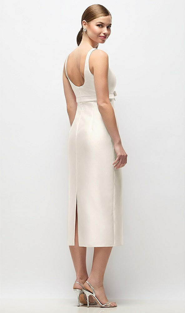 Back View - Ivory Scoop Neck Satin Column Midi Dress with Bow at Empire Waist