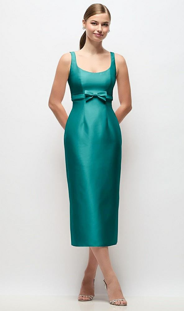 Front View - Jade Scoop Neck Satin Column Midi Dress with Bow at Empire Waist