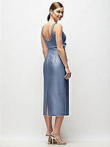 Rear View Thumbnail - Larkspur Blue Scoop Neck Satin Column Midi Dress with Bow at Empire Waist