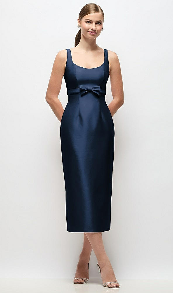Front View - Midnight Navy Scoop Neck Satin Column Midi Dress with Bow at Empire Waist