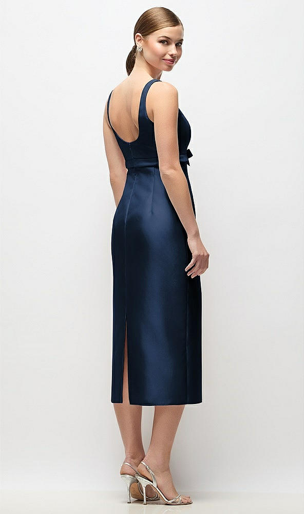 Back View - Midnight Navy Scoop Neck Satin Column Midi Dress with Bow at Empire Waist