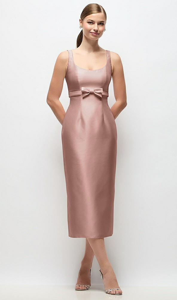 Front View - Neu Nude Scoop Neck Satin Column Midi Dress with Bow at Empire Waist