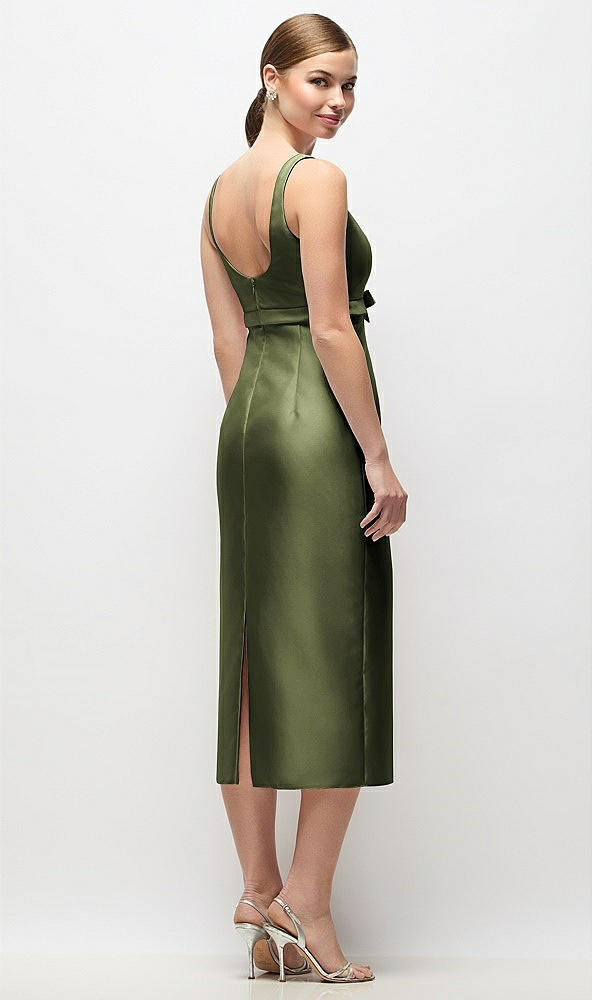 Back View - Olive Green Scoop Neck Satin Column Midi Dress with Bow at Empire Waist