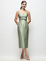 Front View Thumbnail - Sage Scoop Neck Satin Column Midi Dress with Bow at Empire Waist