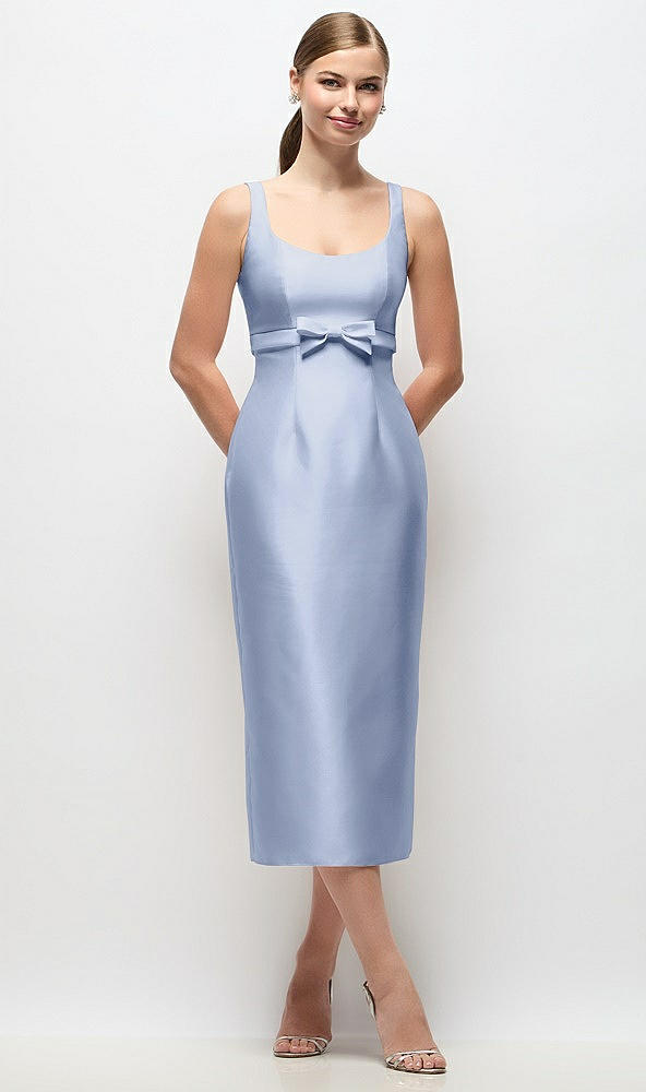 Front View - Sky Blue Scoop Neck Satin Column Midi Dress with Bow at Empire Waist