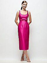 Front View Thumbnail - Think Pink Scoop Neck Satin Column Midi Dress with Bow at Empire Waist