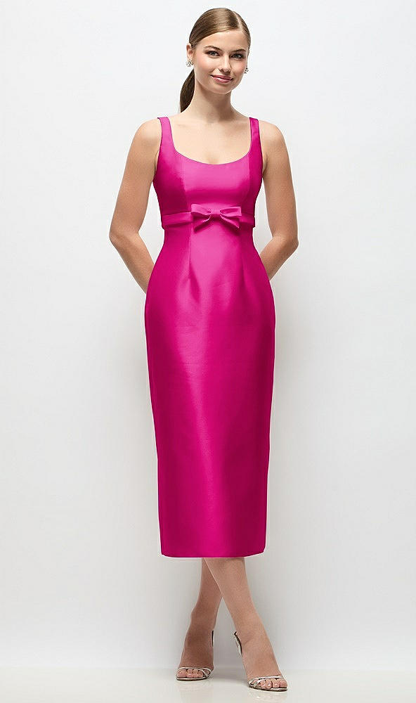 Front View - Think Pink Scoop Neck Satin Column Midi Dress with Bow at Empire Waist