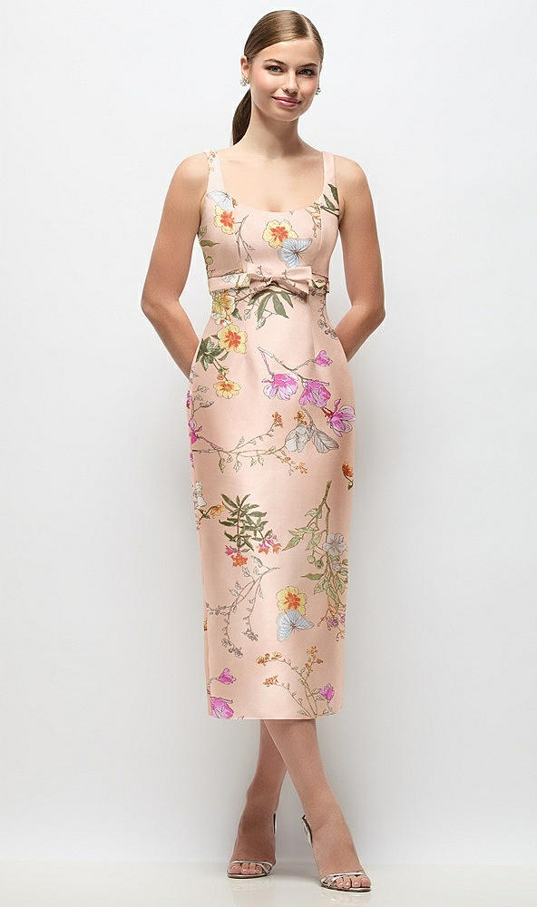 Front View - Butterfly Botanica Pink Sand Scoop Neck Floral Satin Column Midi Dress with Bow at Empire Waist