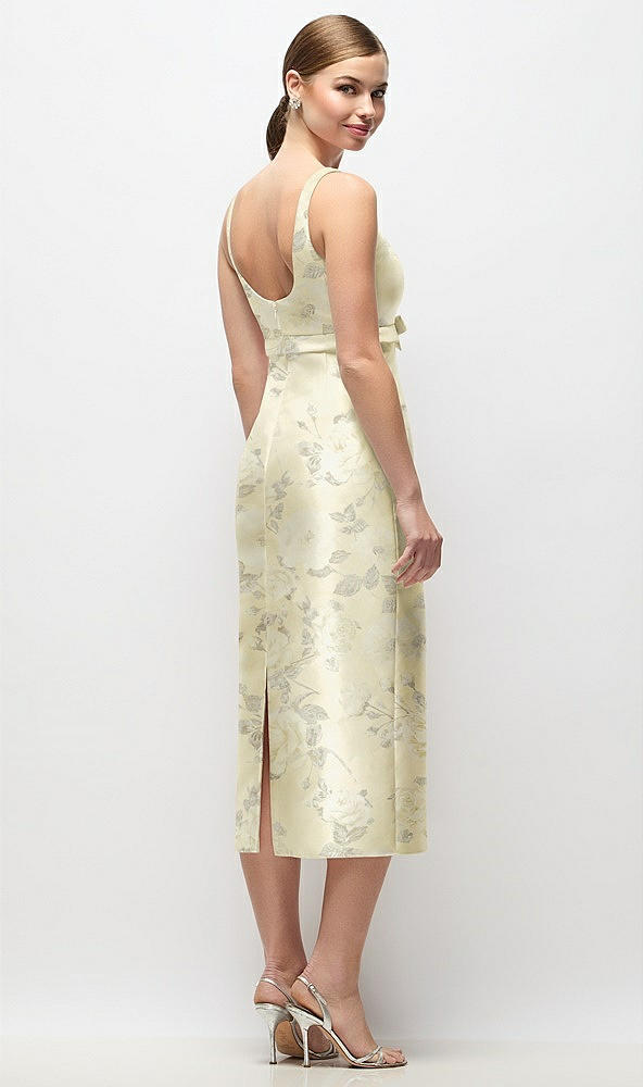Back View - Butter Yellow Floral Scoop Neck Floral Satin Column Midi Dress with Bow at Empire Waist