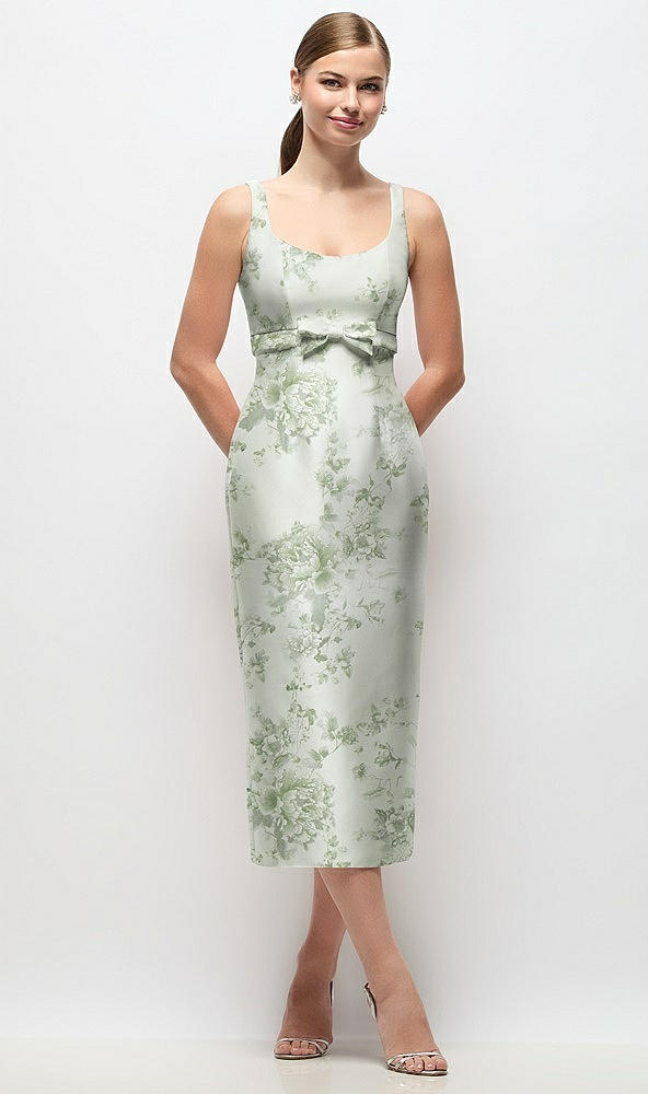 Front View - Sage Cottage Rose Scoop Neck Floral Satin Column Midi Dress with Bow at Empire Waist