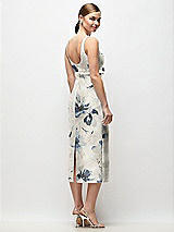 Rear View Thumbnail - Inkwash Blue Floral Scoop Neck Floral Satin Column Midi Dress with Bow at Empire Waist