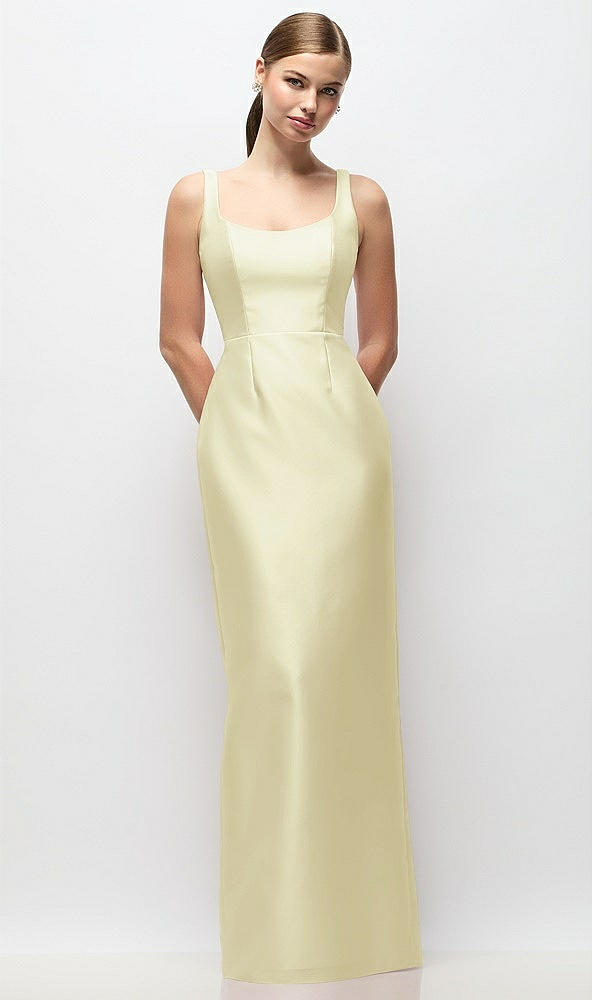 Front View - Butter Yellow Scoop Neck Satin Column Maxi Dress