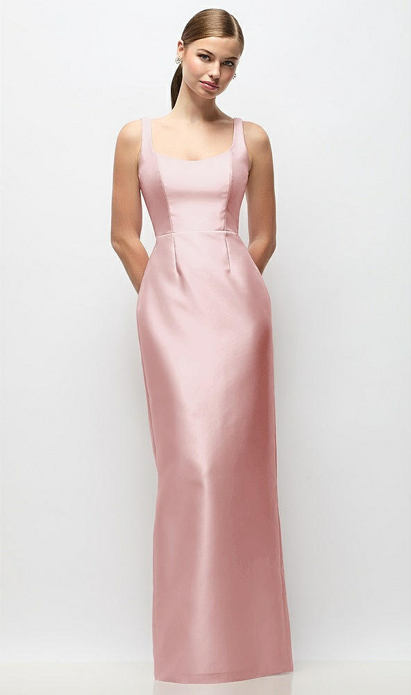 Front View - Ballet Pink Scoop Neck Satin Column Maxi Dress