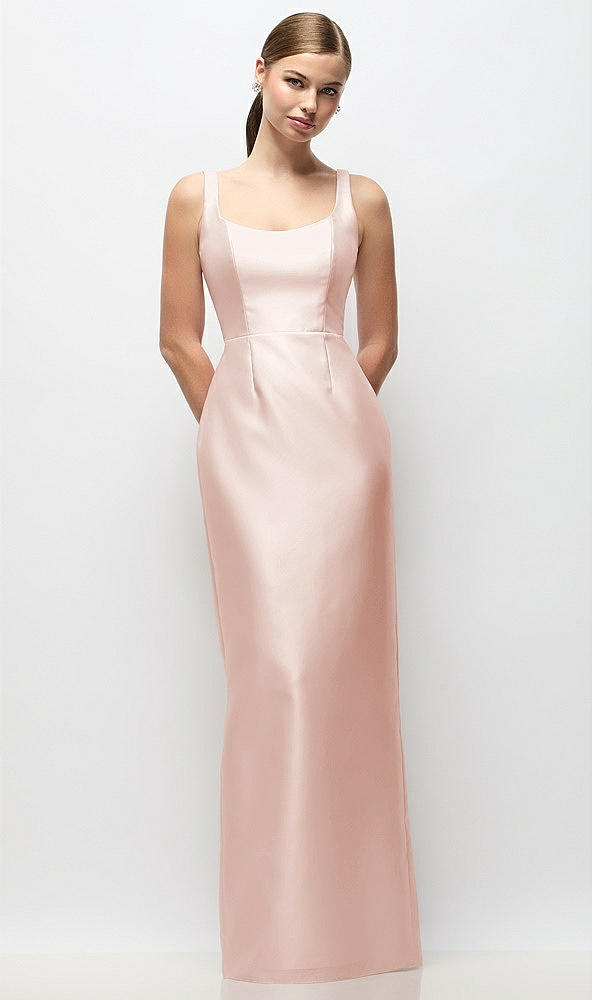 Front View - Blush Scoop Neck Satin Column Maxi Dress