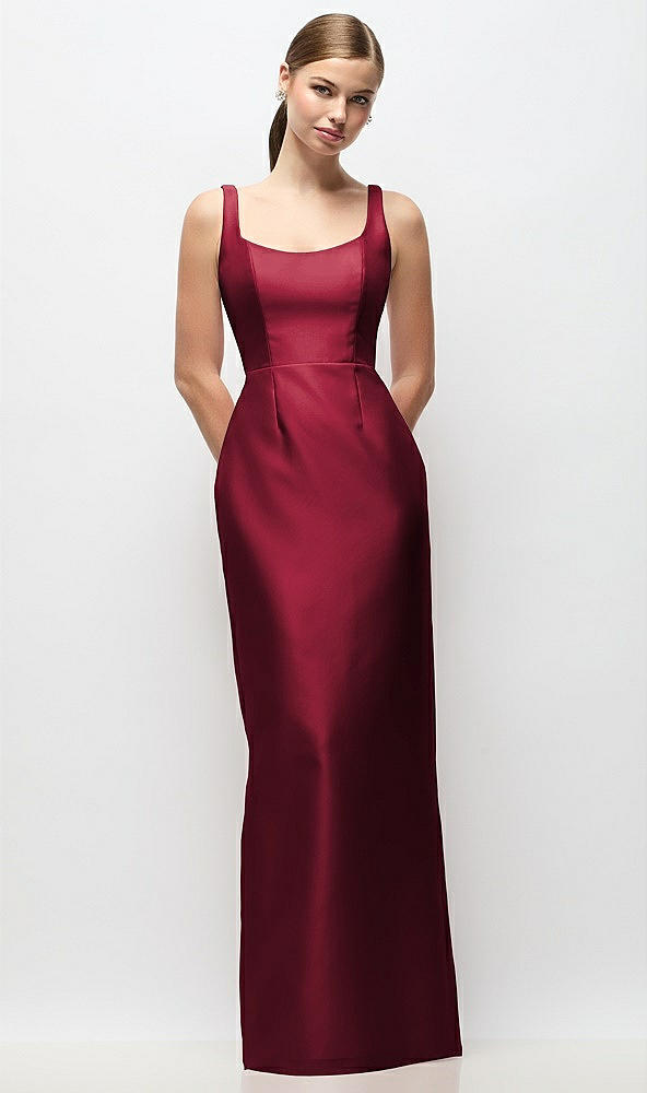 Front View - Burgundy Scoop Neck Satin Column Maxi Dress