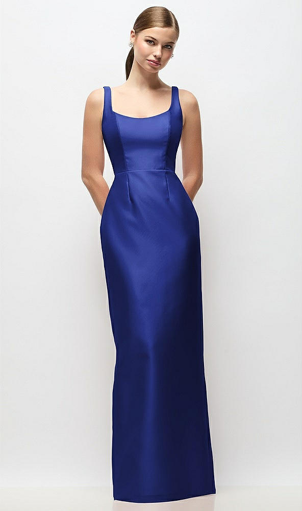 Front View - Cobalt Blue Scoop Neck Satin Column Maxi Dress