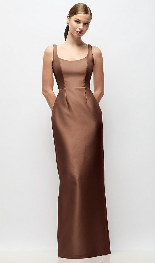Front View - Cognac Scoop Neck Satin Column Maxi Dress
