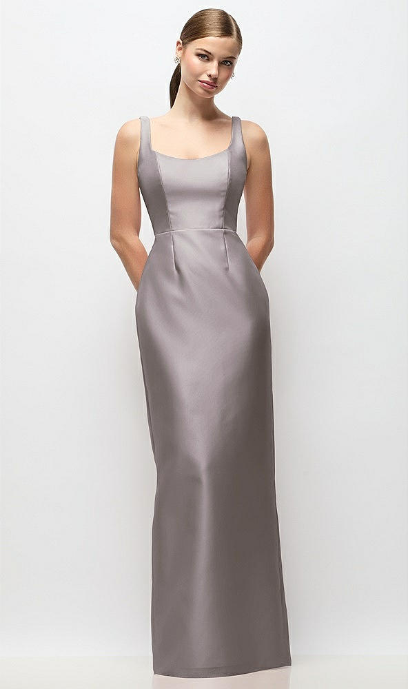 Front View - Cashmere Gray Scoop Neck Satin Column Maxi Dress