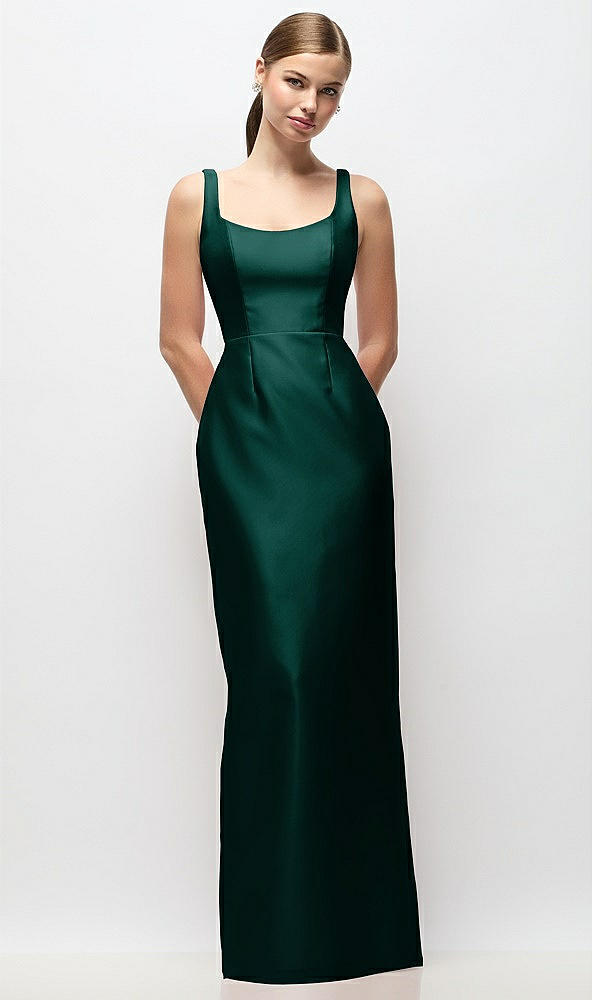 Front View - Evergreen Scoop Neck Satin Column Maxi Dress