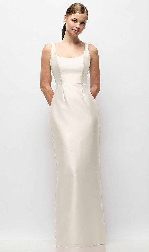 Front View - Ivory Scoop Neck Satin Column Maxi Dress