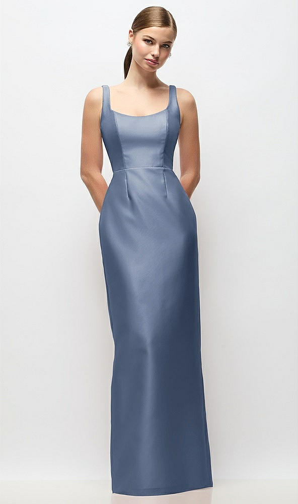 Front View - Larkspur Blue Scoop Neck Satin Column Maxi Dress