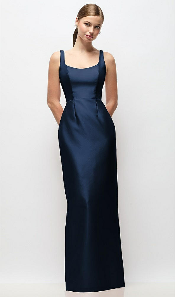Front View - Midnight Navy Scoop Neck Satin Column Maxi Dress