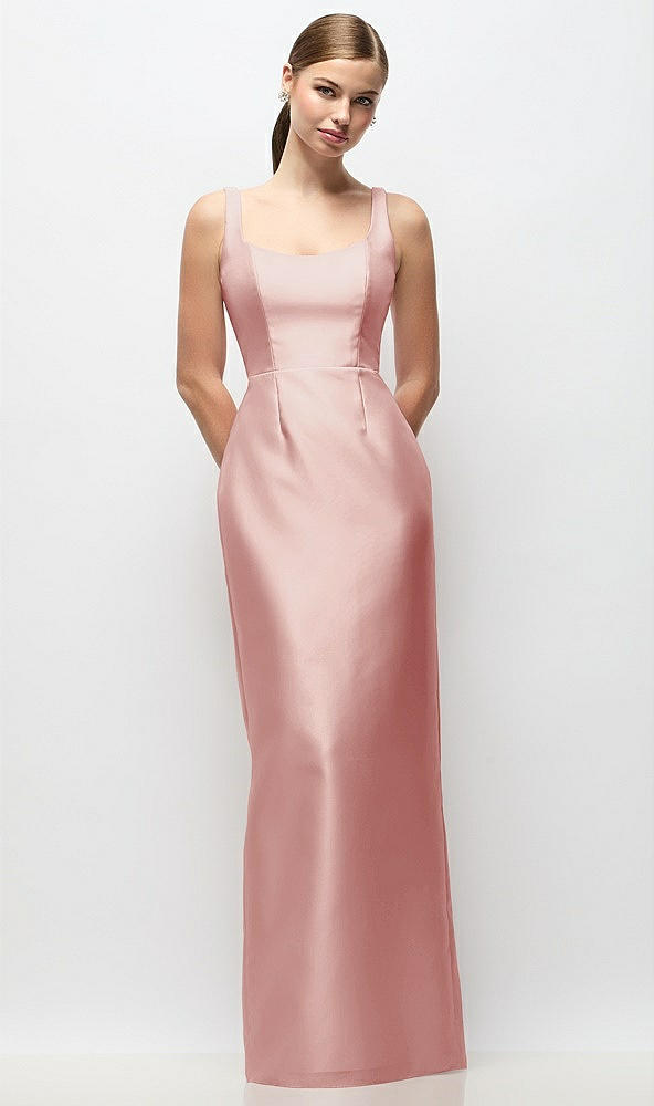 Front View - Rose Scoop Neck Satin Column Maxi Dress