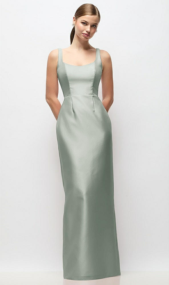 Front View - Willow Green Scoop Neck Satin Column Maxi Dress