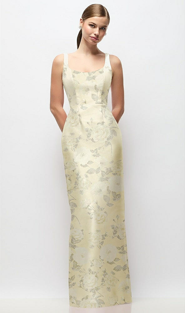 Front View - Butter Yellow Floral Scoop Neck Floral Satin Column Maxi Dress