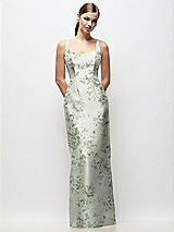 Front View Thumbnail - Sage Cottage Rose Scoop Neck Floral Satin Column Maxi Dress