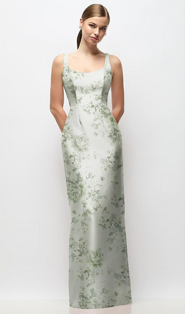 Front View - Sage Cottage Rose Scoop Neck Floral Satin Column Maxi Dress